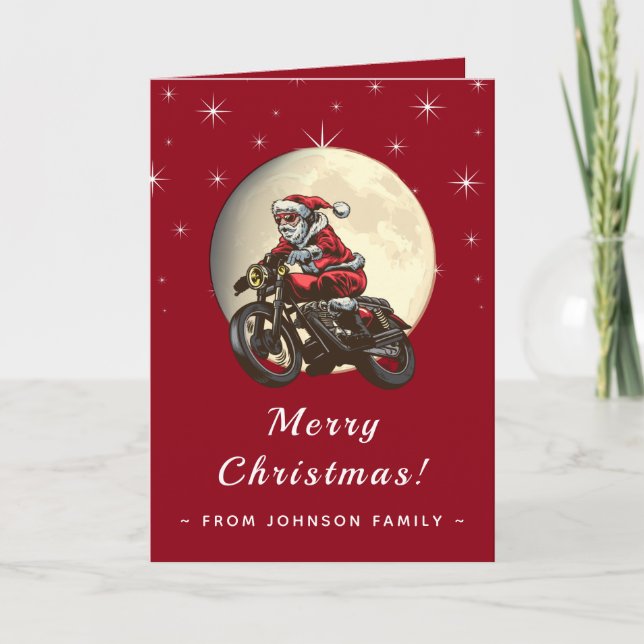 Biker Santa Riding a Motorcycle Moon Sky Dark Red Card (Front)