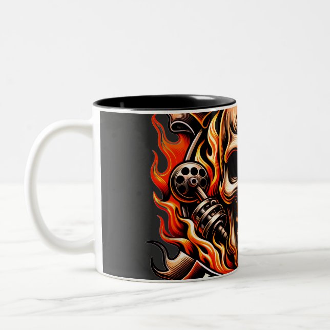 ​Biker Skull Ride to Live Live to Ride Fiery Graph Two-Tone Coffee Mug (Left)