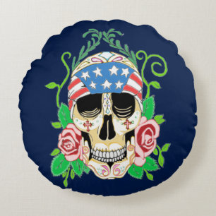 Biker Sugar Skull Round Pillow