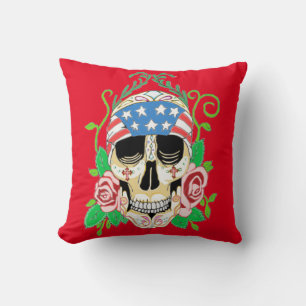 Biker Sugar Skull Throw Pillow
