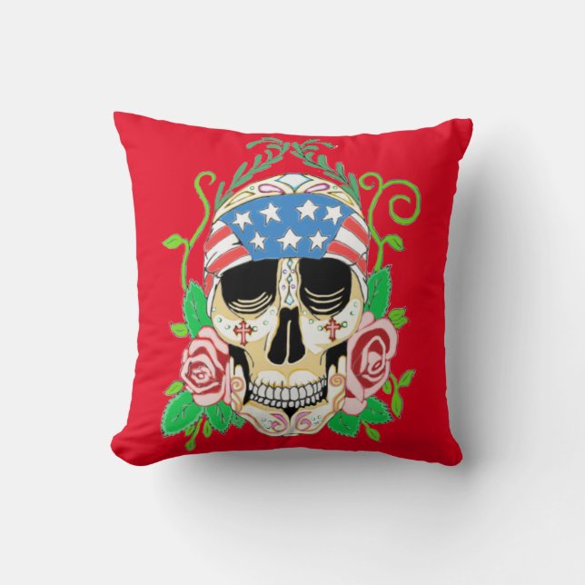 Biker Sugar Skull Throw Pillow (Front)