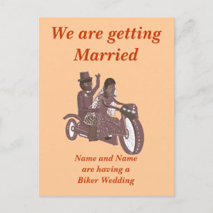 Biker Wedding, Groom riding pillion, Stationary Announcement Postcard