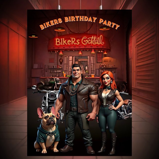 Bikers Bar Birthday Party Couple Muscle Bulldog  Invitation (Creator Uploaded)
