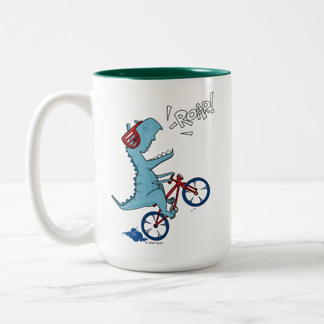 Biking T-Rex Roar Two-Tone Coffee Mug (Left)