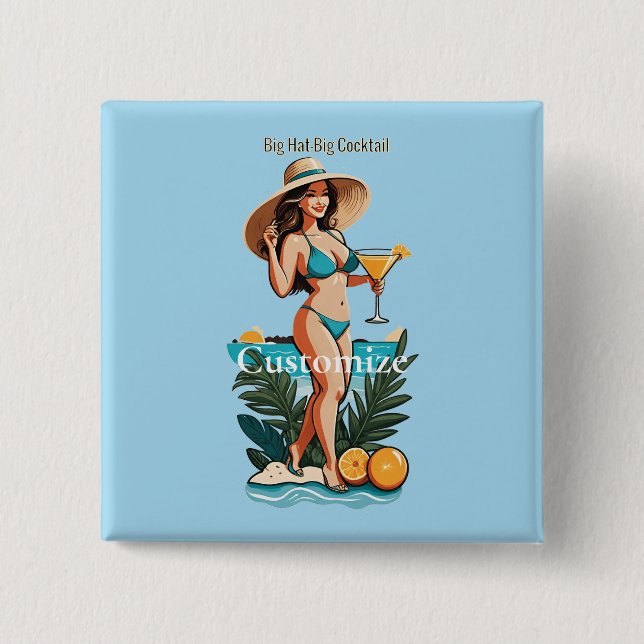 Bikini Babe Big Hat- Big Cocktail Thunder_Cove  2 Inch Square Button (Front)