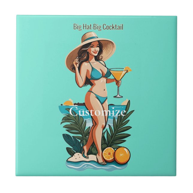 Bikini Babe Big Hat- Big Cocktail Thunder_Cove  Tile (Front)