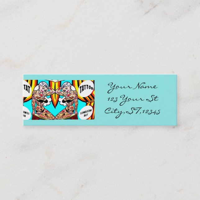 Bikini blonde tattooed ladies mini business card (Front)