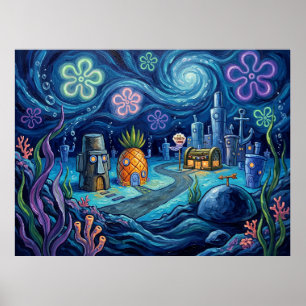 Bikini Bottom Starry Night Underwater Landscape Poster