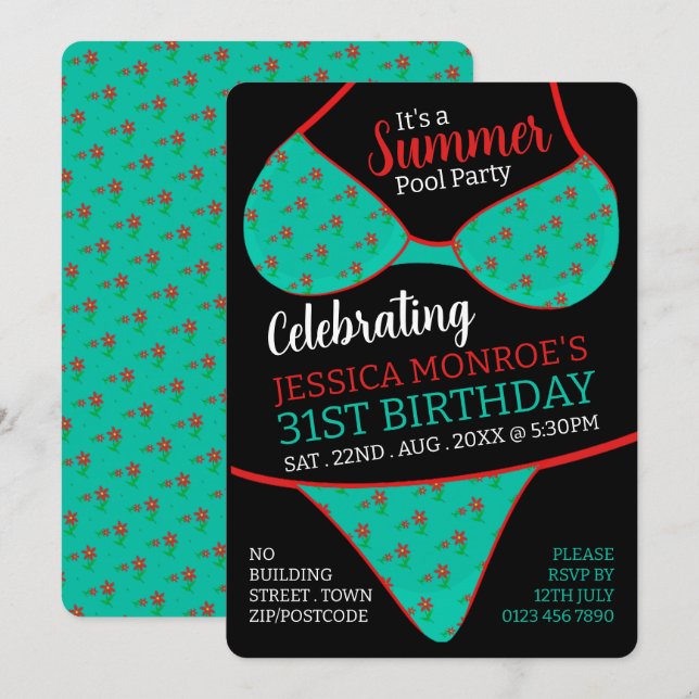 Bikini Design, Summer Pool Party Birthday  Invitation (Front/Back)