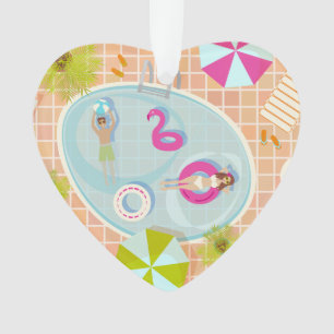 Bikini girl and guy playing swimming pool game ornament