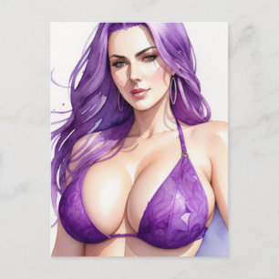 Bikini Girl Art postcard Purple Hair  
