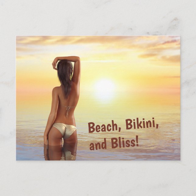 Bikini Girl Posing in the Sea at Sunset Postcard (Front)