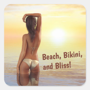 Bikini Girl Posing in the Sea at Sunset Square Sticker