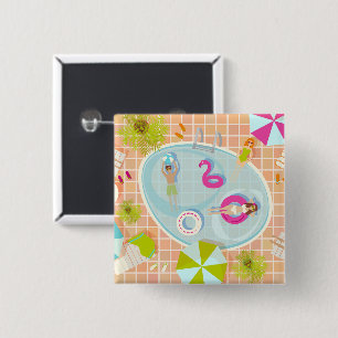 Bikini girls and guys playing swimming pool game 2 inch square button
