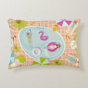 Bikini girls and guys playing swimming pool game accent pillow