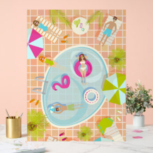 Bikini girls and guys playing swimming pool game acrylic sign