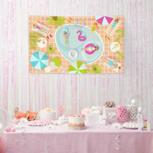 Bikini girls and guys playing swimming pool game banner