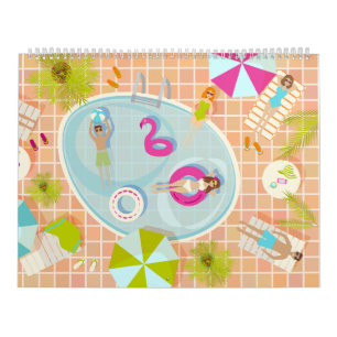 Bikini girls and guys playing swimming pool game calendar