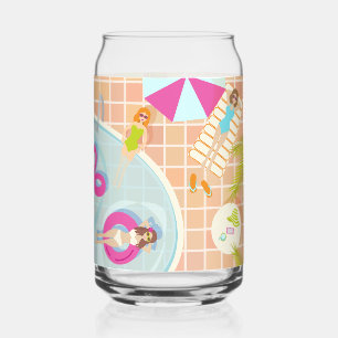 Bikini girls and guys playing swimming pool game can glass