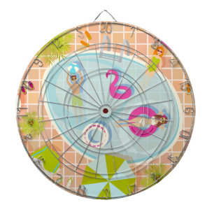 Bikini girls and guys playing swimming pool game dartboard