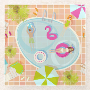 Bikini girls and guys playing swimming pool game glass coaster