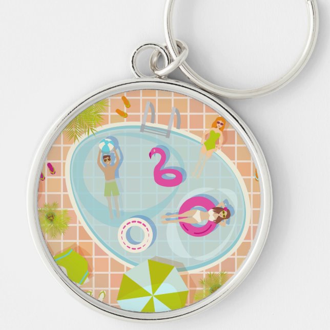 Bikini girls and guys playing swimming pool game keychain (Front)