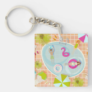 Bikini girls and guys playing swimming pool game keychain