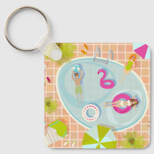 Bikini girls and guys playing swimming pool game keychain