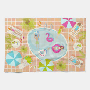 Bikini girls and guys playing swimming pool game kitchen towel