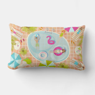 Bikini girls and guys playing swimming pool game lumbar pillow