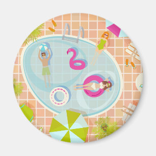 Bikini girls and guys playing swimming pool game magnet