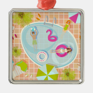 Bikini girls and guys playing swimming pool game metal ornament