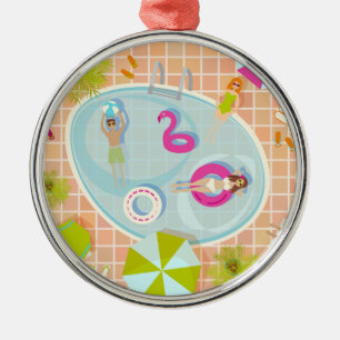 Bikini girls and guys playing swimming pool game metal ornament
