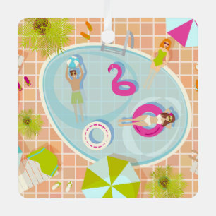 Bikini girls and guys playing swimming pool game metal ornament
