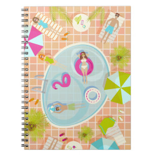 Bikini girls and guys playing swimming pool game notebook