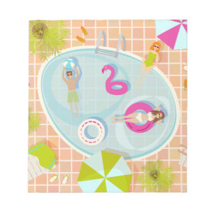 Bikini girls and guys playing swimming pool game notepad