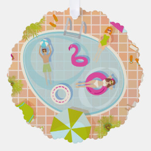 Bikini girls and guys playing swimming pool game ornament card