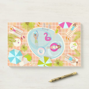 Bikini girls and guys playing swimming pool game post-it notes