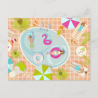 Bikini girls and guys playing swimming pool game postcard