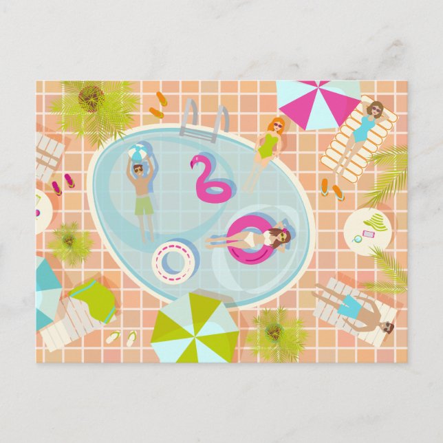 Bikini girls and guys playing swimming pool game postcard (Front)