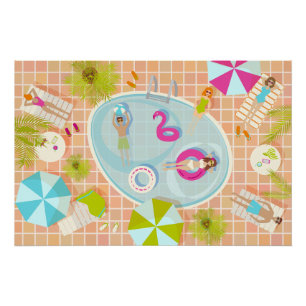 Bikini girls and guys playing swimming pool game poster