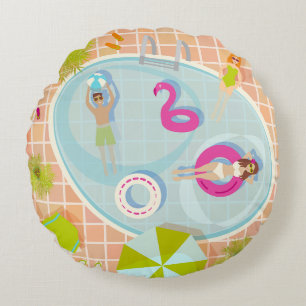 Bikini girls and guys playing swimming pool game round pillow