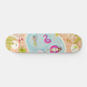 Bikini girls and guys playing swimming pool game skateboard