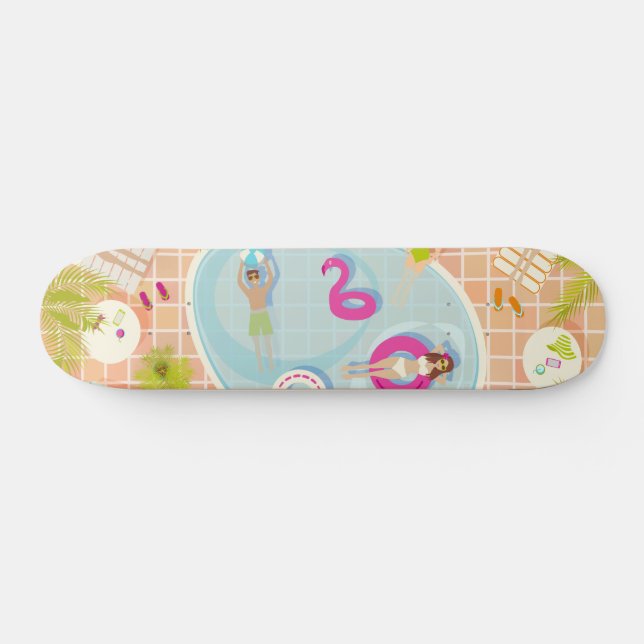 Bikini girls and guys playing swimming pool game skateboard (Horz)