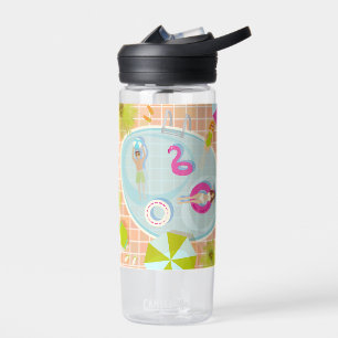 Bikini girls and guys playing swimming pool game water bottle