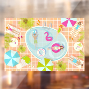 Bikini girls and guys playing swimming pool game window cling
