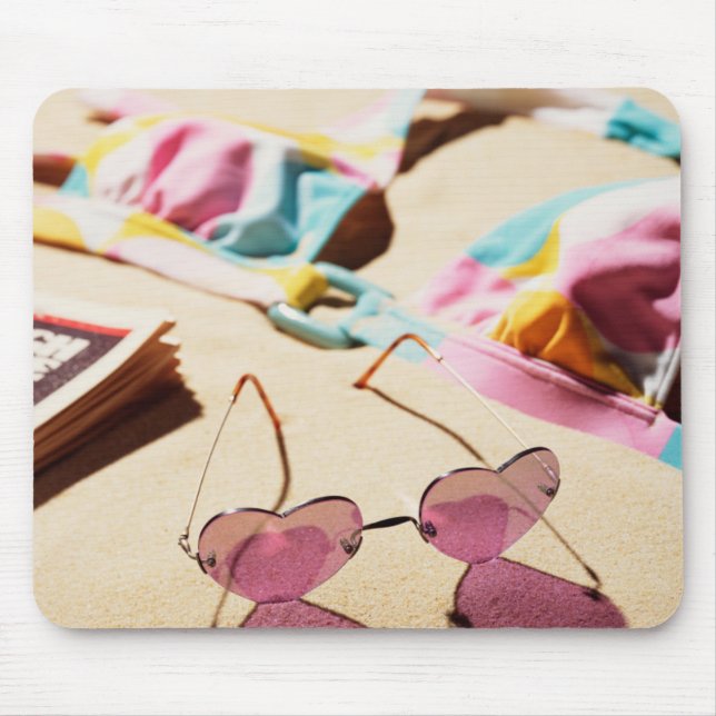 Bikini Top And Heart Shape Sunglasses On Beach Mouse Pad (Front)