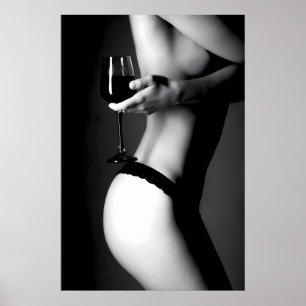 Bikini Woman Wine Glass Print Black and White