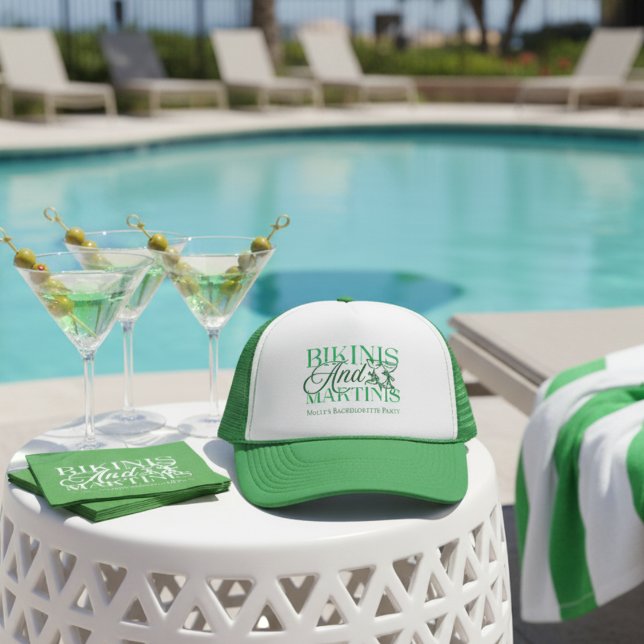Bikinis and Martinis Beach Bachelorette Trucker Hat (Bring the beachy vibes with this playful “Bikinis and Martinis” design!)