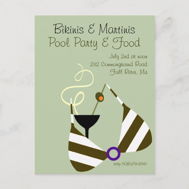 Bikinis and Martinis Pool Party Invitation Postcard (Front)